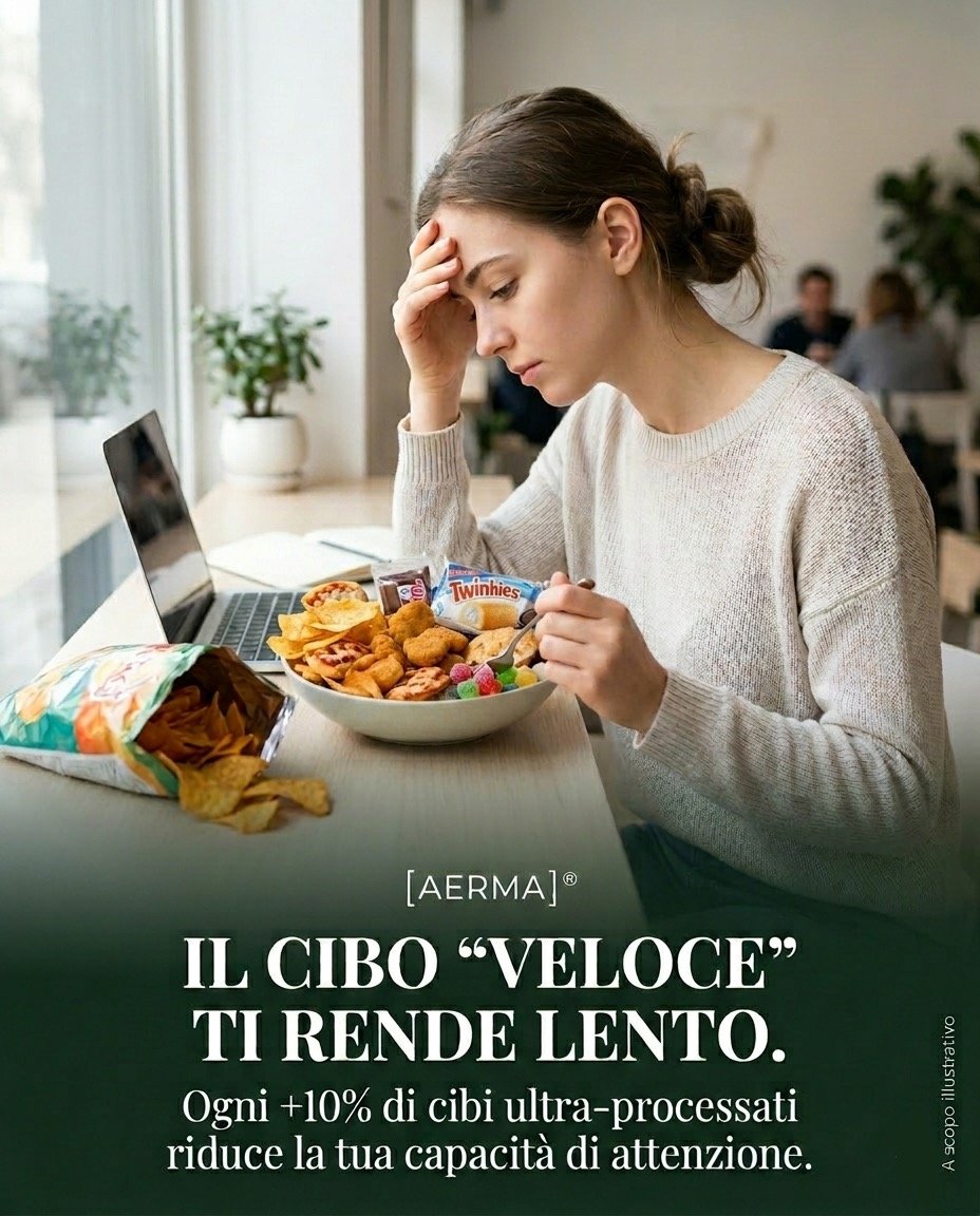 IL CIBO “VELOCE” TI RENDE LENTO. Ogni +10% di cibi ultra-processati riduce la tua capacità di attenzione in mod o misurabile.